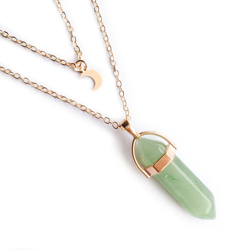 Green aventurine crystal point necklace with moon charm